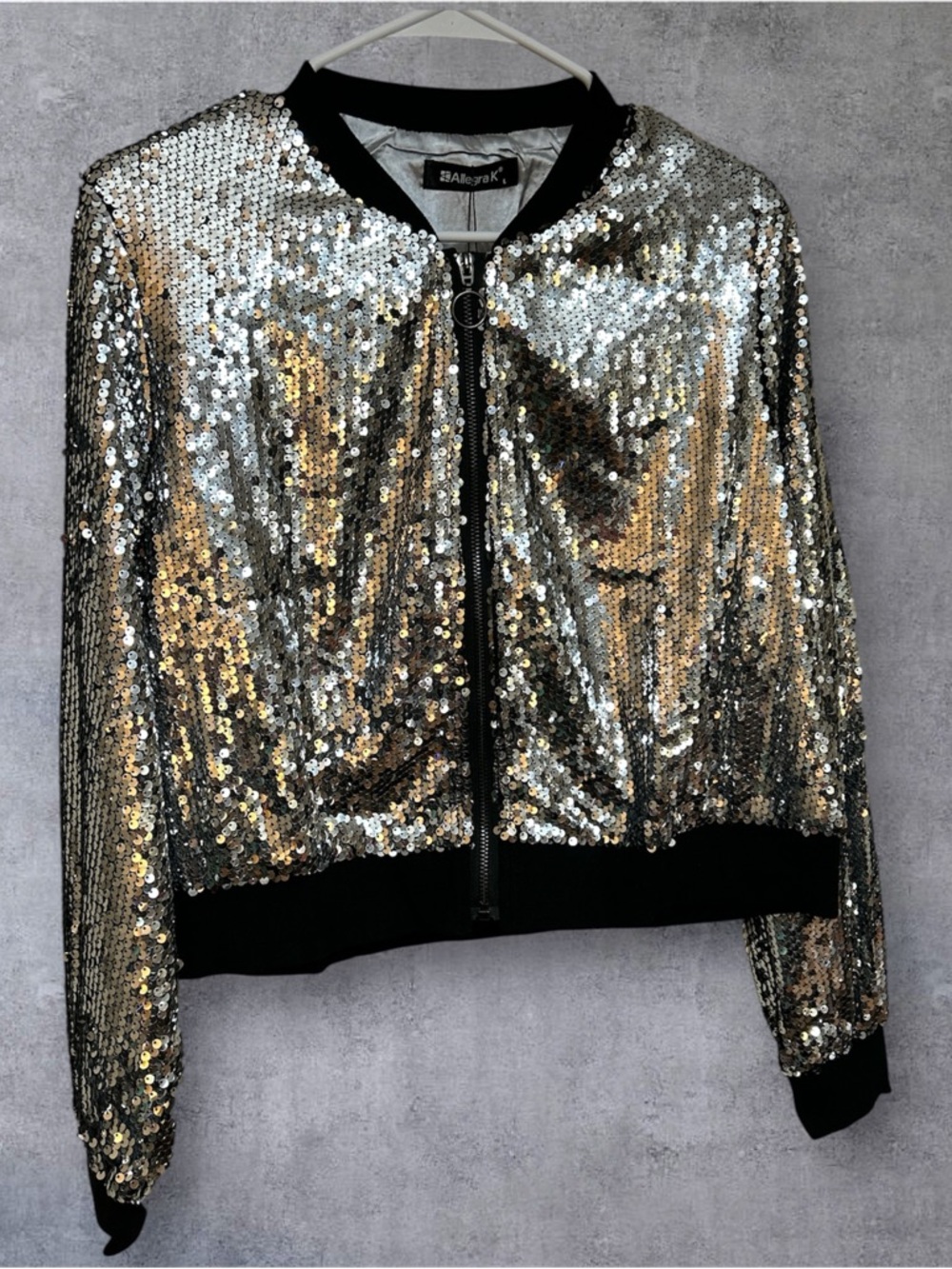 Allegra K Silver Sequin Bomber Jacket with Black Trim NWT Size Large - Picture 2 of 7